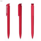 Three red pens shown from different angles on a white background.