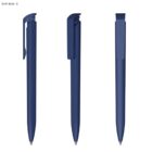 Three dark blue pens with clips, shown from different angles.