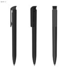 Three sleek black pens, shown from side, front, and back views.