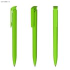 Three views of a bright green pen against a white background.