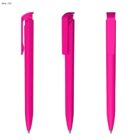 Three bright pink pens with clips, shown from different angles.