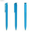Three blue pens are shown from different angles against a white background.