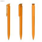 Three orange pens shown from different angles on a white background.