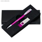 Pink pen and silver USB drive in a black foam gift box with a black lid.