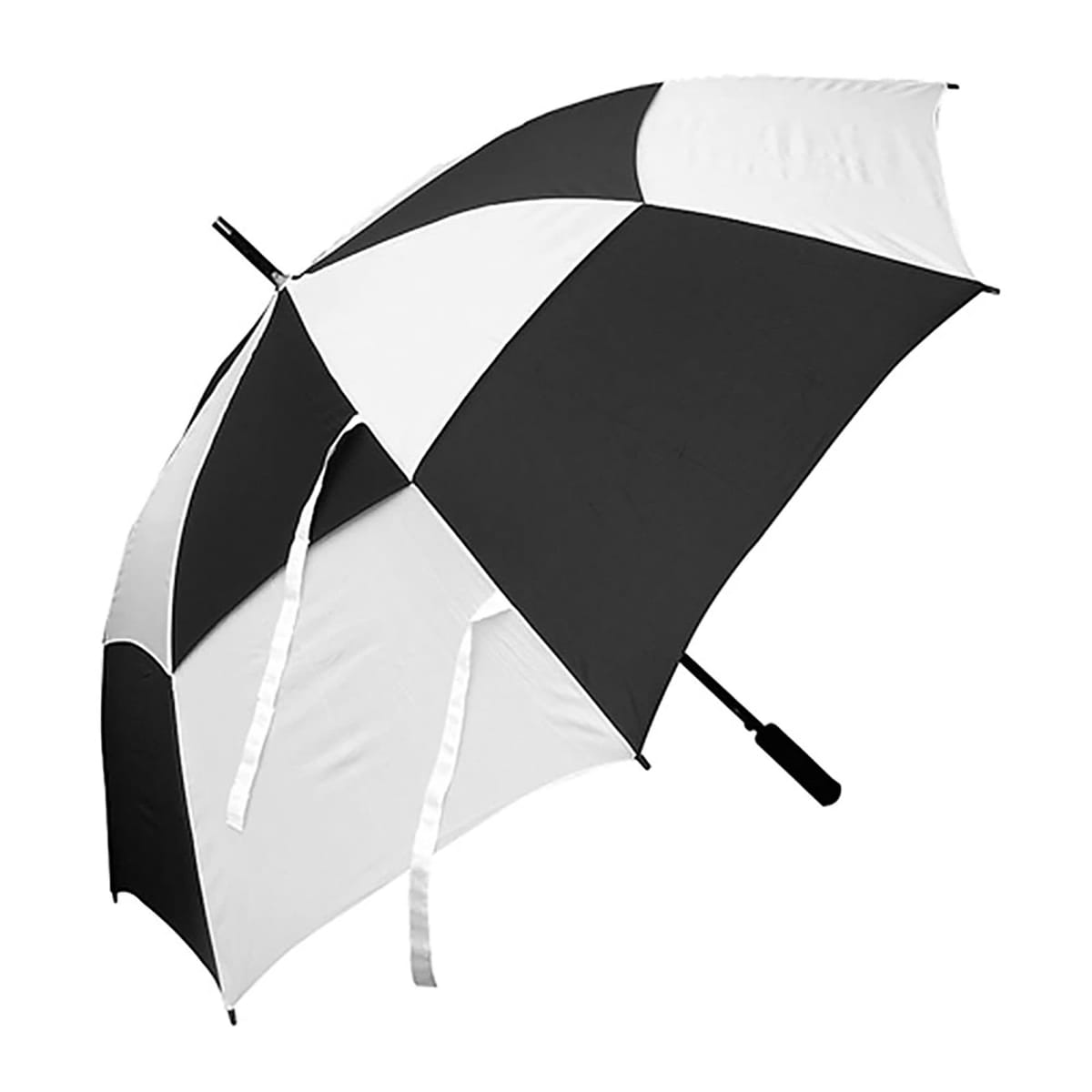 Black and white checkered umbrella with a black handle, viewed at an angle.