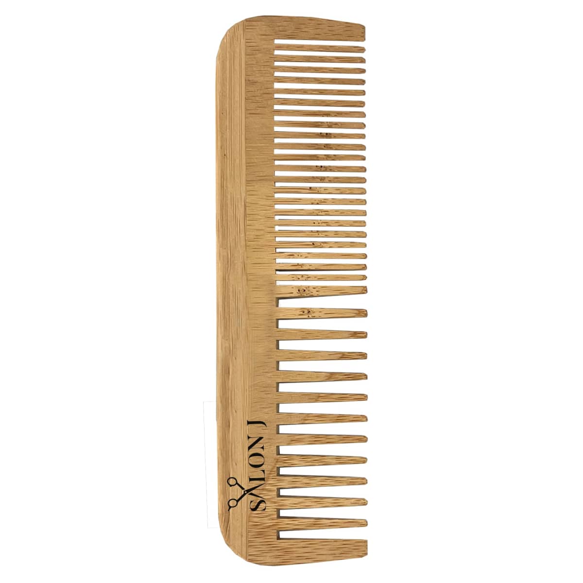 A wooden comb with wide and narrow teeth and a small scissor logo near the handle.