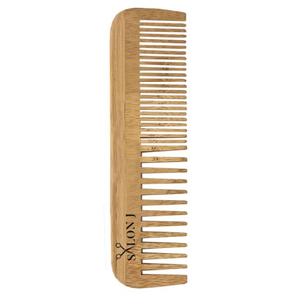Wooden comb with wide and narrow teeth, engraved with scissors and the word SALON.
