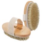 Two wooden dry brushes with natural bristles and fabric hand straps.