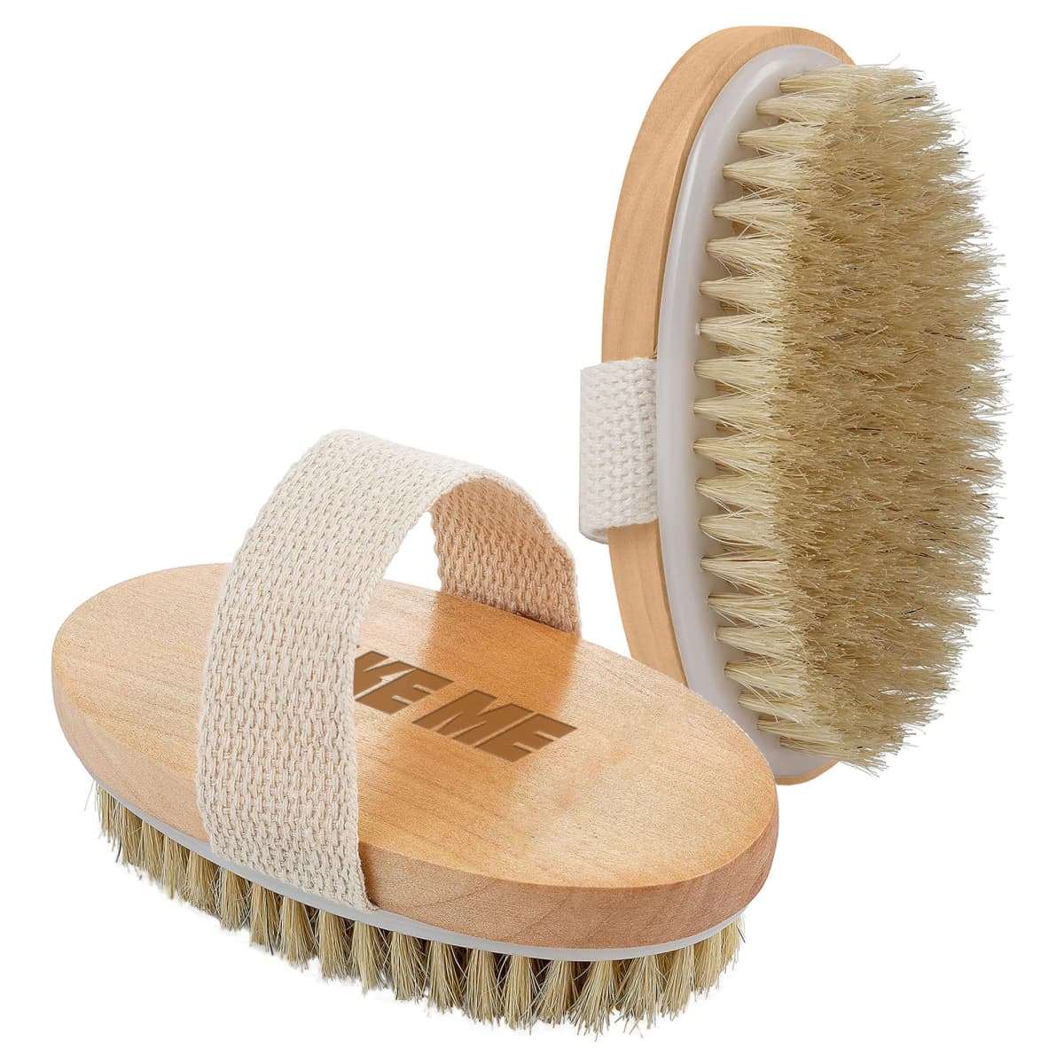 Two wooden dry brushes with natural bristles and fabric hand straps.
