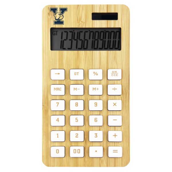 A bamboo-themed calculator with a digital display showing the number 123456789000. It has white buttons and a decorative Y logo at the top left corner.