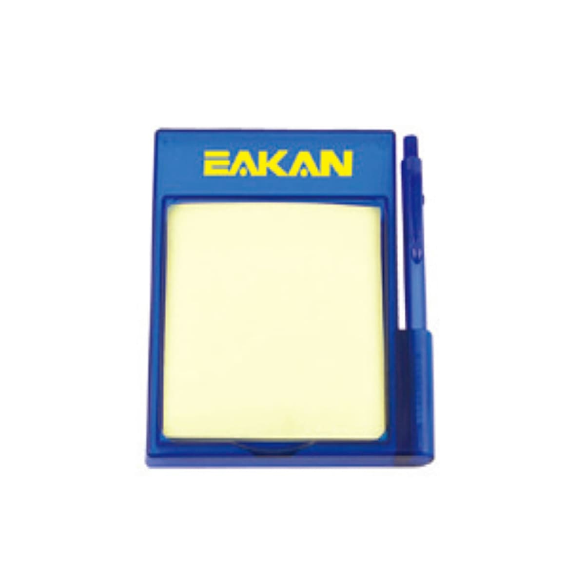 Blue note holder with yellow paper and pen on the side.