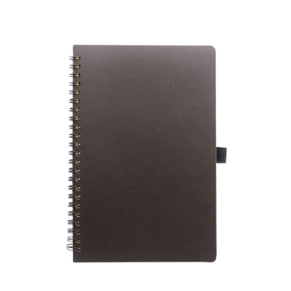 Brown spiral notebook with a black pen holder on the right side.