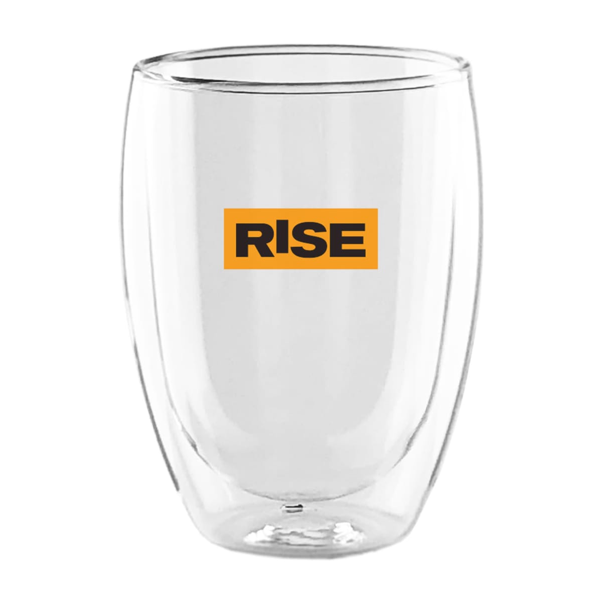 Double-walled glass with RISE logo in orange and black on the front.