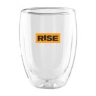 Clear glass with the word RISE in orange on its front.