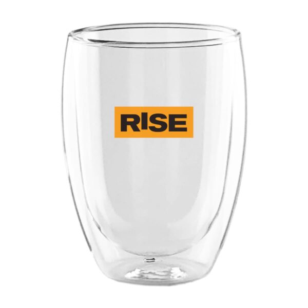 Clear glass with the word RISE in orange on its front.