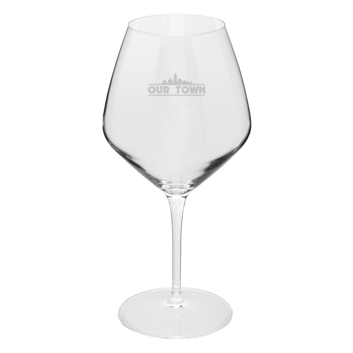 Clear wine glass with Our Town and a city skyline logo printed on the bowl.