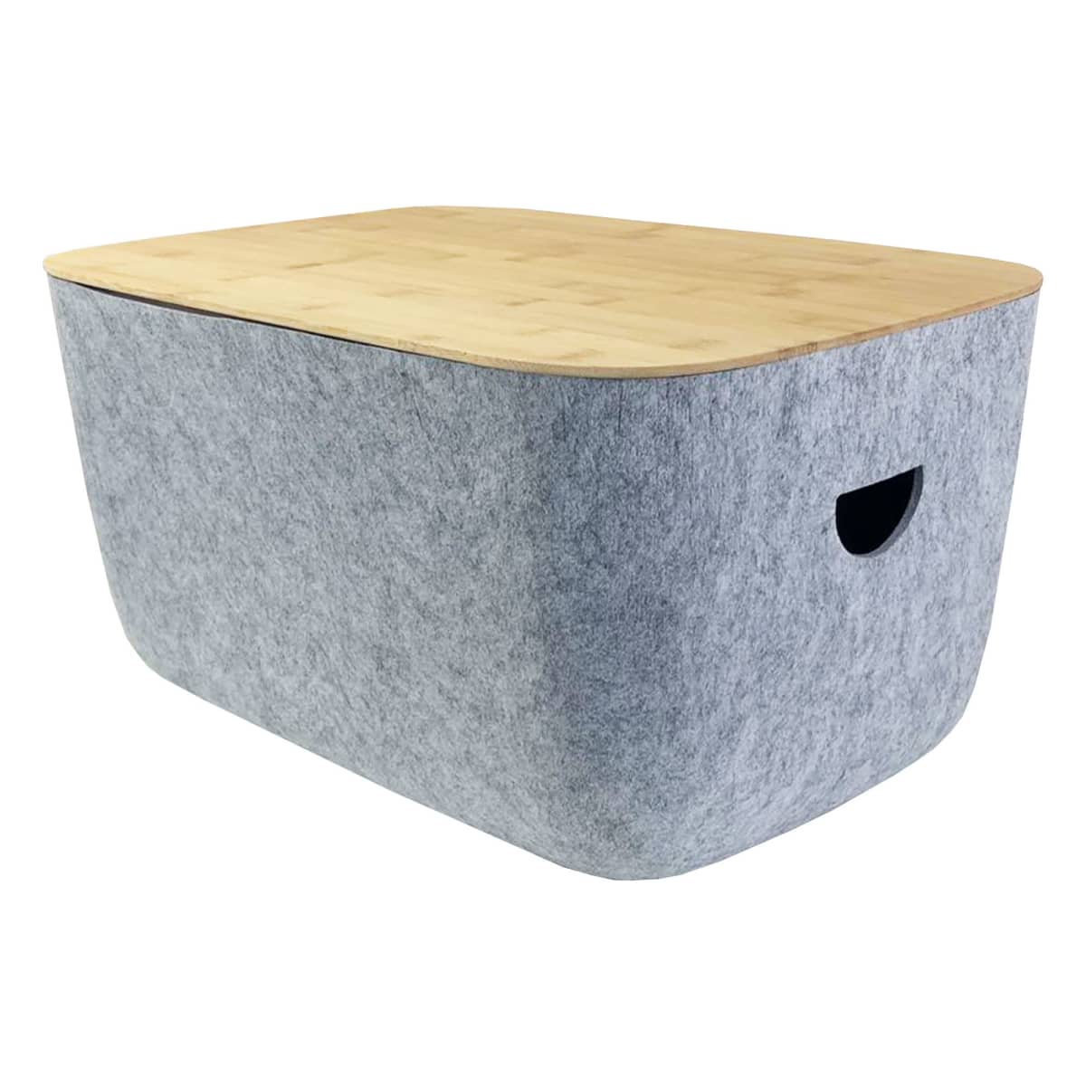 A modern storage box with a light gray felt exterior and a smooth wooden lid. The box has rounded corners and a handle cutout on one side for easy lifting.