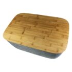 A rectangular gray felt box with a smooth, wooden lid.