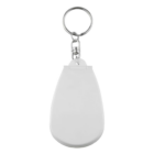Pill cutters keyrings with logo, teardrop shape, metal ring, and clasp in white.