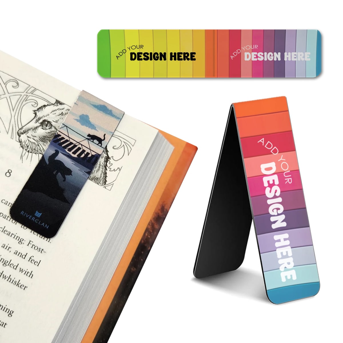 Three magnetic bookmarks are shown. One features a colorful gradient with Add Your Design Here text, another shows a person running with a cat illustration, and the third is similar with an upright view. A book is partially visible.