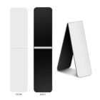 Three views of a foldable, rectangular digital device. The first is a flat white front, the second is a flat black back, and the third shows the device partially open and standing, revealing both black and white sides.