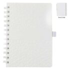 A white, textured spiral notebook with a blank horizontal band across the cover. A pen holder is attached to the right side. A small image in the corner shows the notebooks plain back cover.