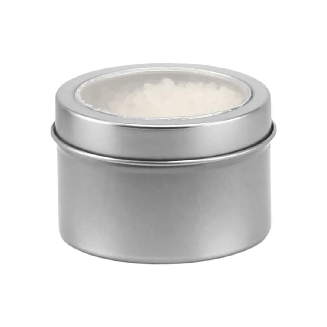 Promotional Tinned Bath Salts in a metal tin with a transparent lid.