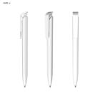Three white pens shown from different angles on a white background.