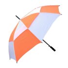 Orange and white umbrella with a black handle, angled against a white background.