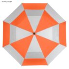 Top view of an open umbrella with alternating white and orange panels.