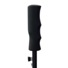 Black ergonomic handle of a walking cane with finger grooves, against a white background.