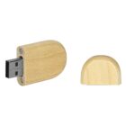 Wooden USB flash drive with detached cap placed beside it on a white background.