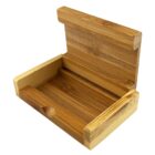 Open rectangular wooden box with a hinged lid, made of light brown bamboo.