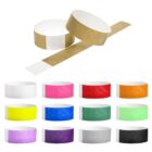 Twelve colorful wristbands arranged below two additional open wristbands.