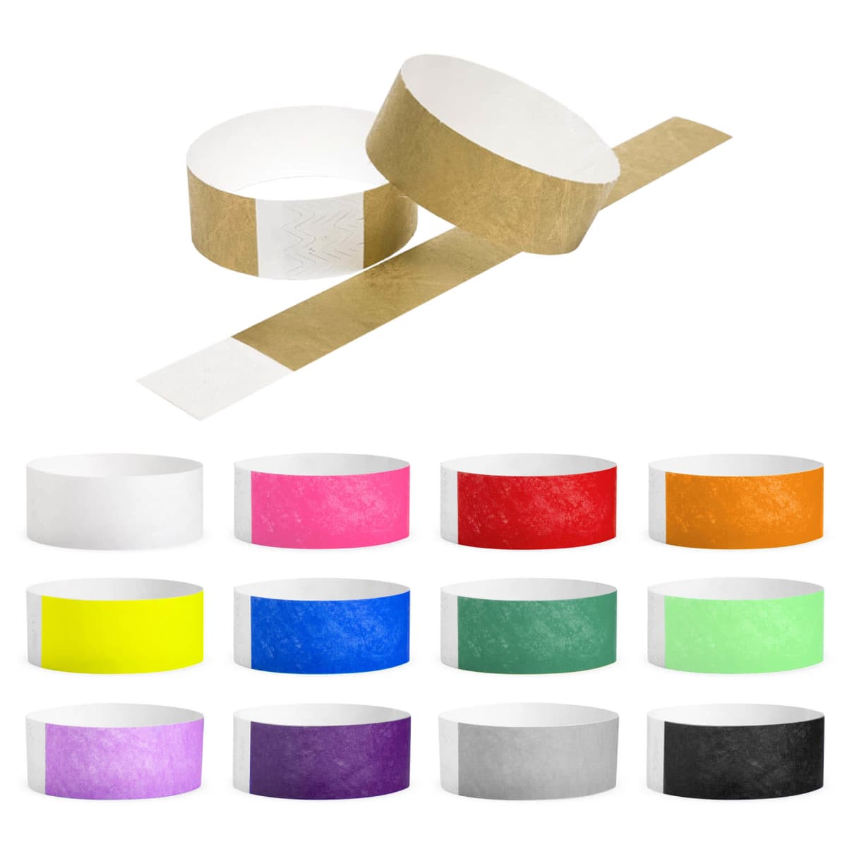 Twelve colorful wristbands arranged below two additional open wristbands.