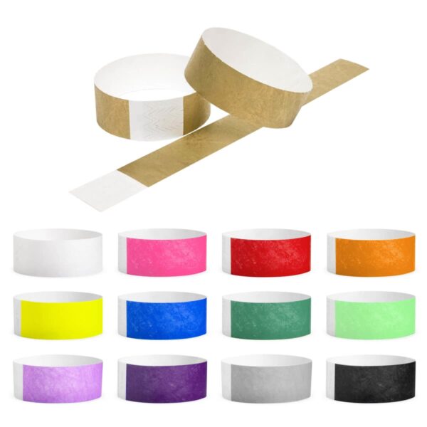 Colorful paper wristbands displayed in various colors, including white, pink, red, orange, and more.