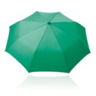 A green umbrella is opened, viewed from above against a white background. The umbrella features a central black hub and eight panels, casting a faint shadow below.