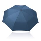 A fully open blue umbrella with a simple design, viewed from above against a white background. Its surface is smooth, with eight visible panels converging at a central point.
