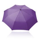 A purple umbrella with a simple, solid design is open and displayed on a white background. Its fabric is evenly spread, and the metal rod and ribs are not visible. The umbrellas shape is circular from the top view.