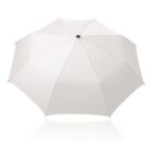 A fully opened white umbrella with a black tip, displayed against a plain white background. The umbrella is symmetrical and evenly spread, casting a soft shadow beneath it.