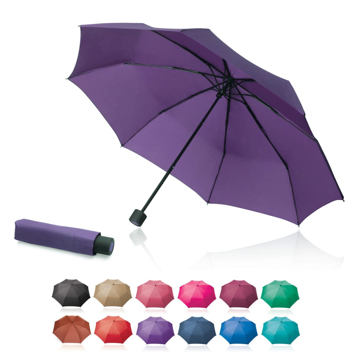 A purple open umbrella is displayed on a white background, with its compact, closed version beside it. Below are small images of umbrellas in various colors: black, beige, red, pink, green, blue, and others.