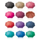 A grid of twelve umbrellas, each a different color: black, beige, pink, fuchsia, burgundy, brown, orange, red, purple, blue, teal, and green. They are arranged in four rows of three against a white background.