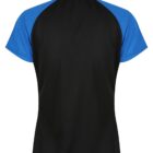 Back view of a short-sleeve polo shirt with black body and blue sleeves.