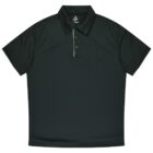 A plain black short-sleeve polo shirt with a collar and three buttons.