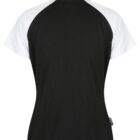 Back view of a short-sleeve black shirt with white sleeves and collar.