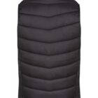 The image shows a black quilted puffer vest displayed from the back. The vest features horizontal stitching and has a high collar, giving it a sleek and insulated appearance.