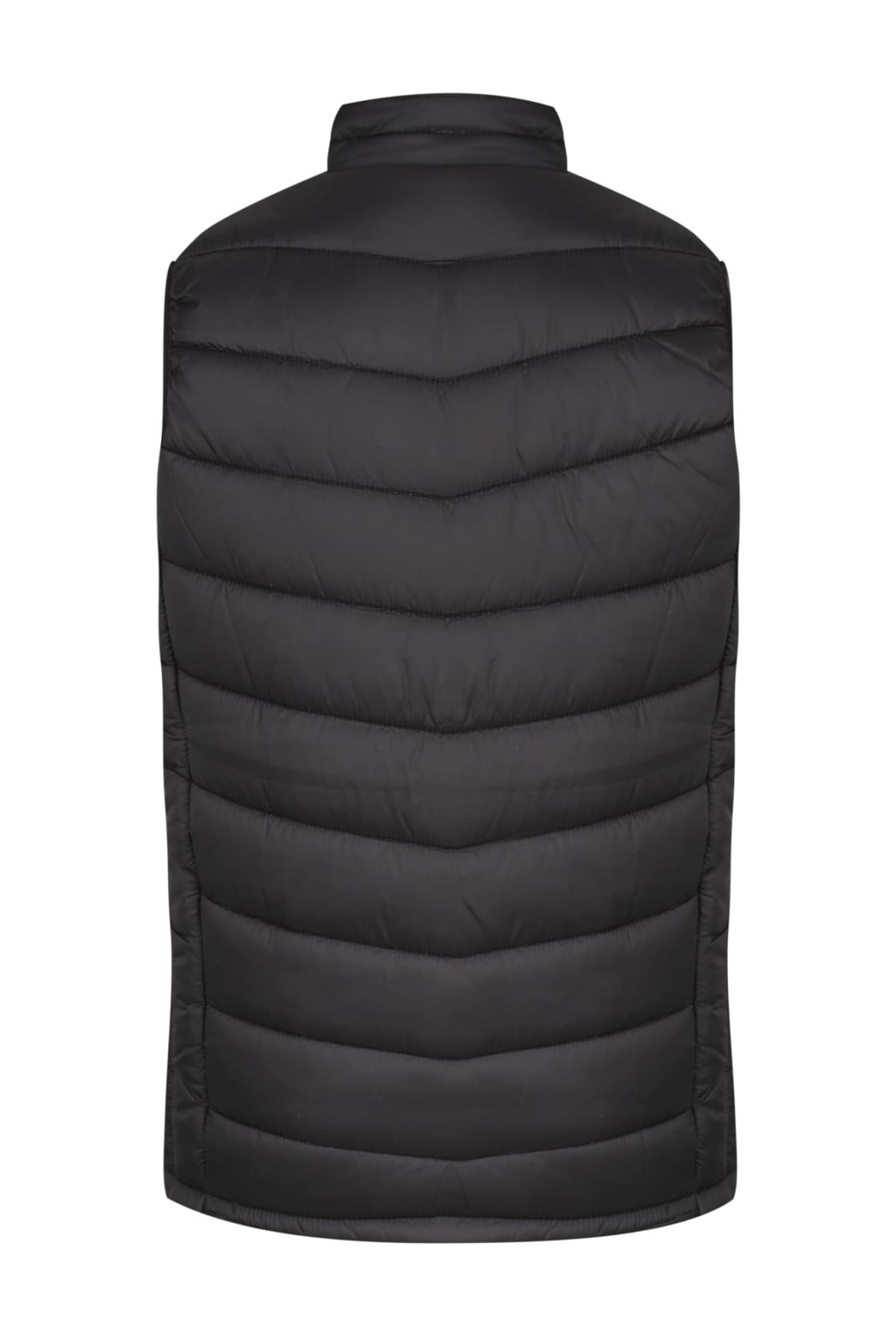 The image shows a black quilted puffer vest displayed from the back. The vest features horizontal stitching and has a high collar, giving it a sleek and insulated appearance.
