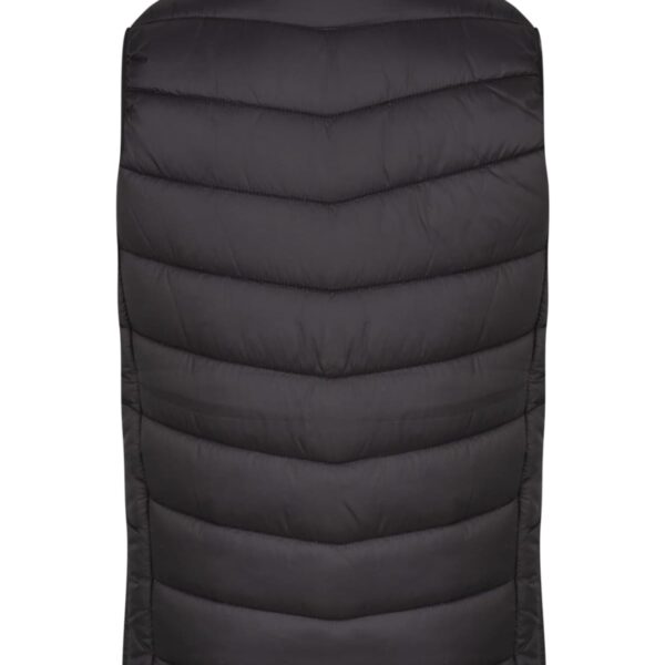 A black quilted puffer vest is displayed, featuring a sleeveless design and horizontal stitching. The vest has a high collar and a smooth texture, shown from the back.