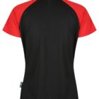 Back view of a short-sleeve black shirt with red sleeves and collar.