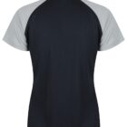 Back view of a short-sleeve polo shirt with gray sleeves and a black body.